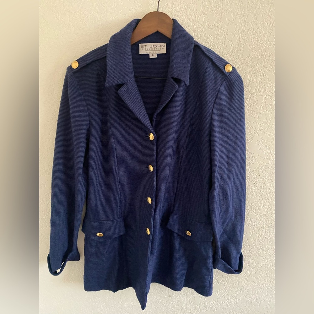 St. John Collection Women’s Blue Knit Jacket Military Gold Buttons Size 6